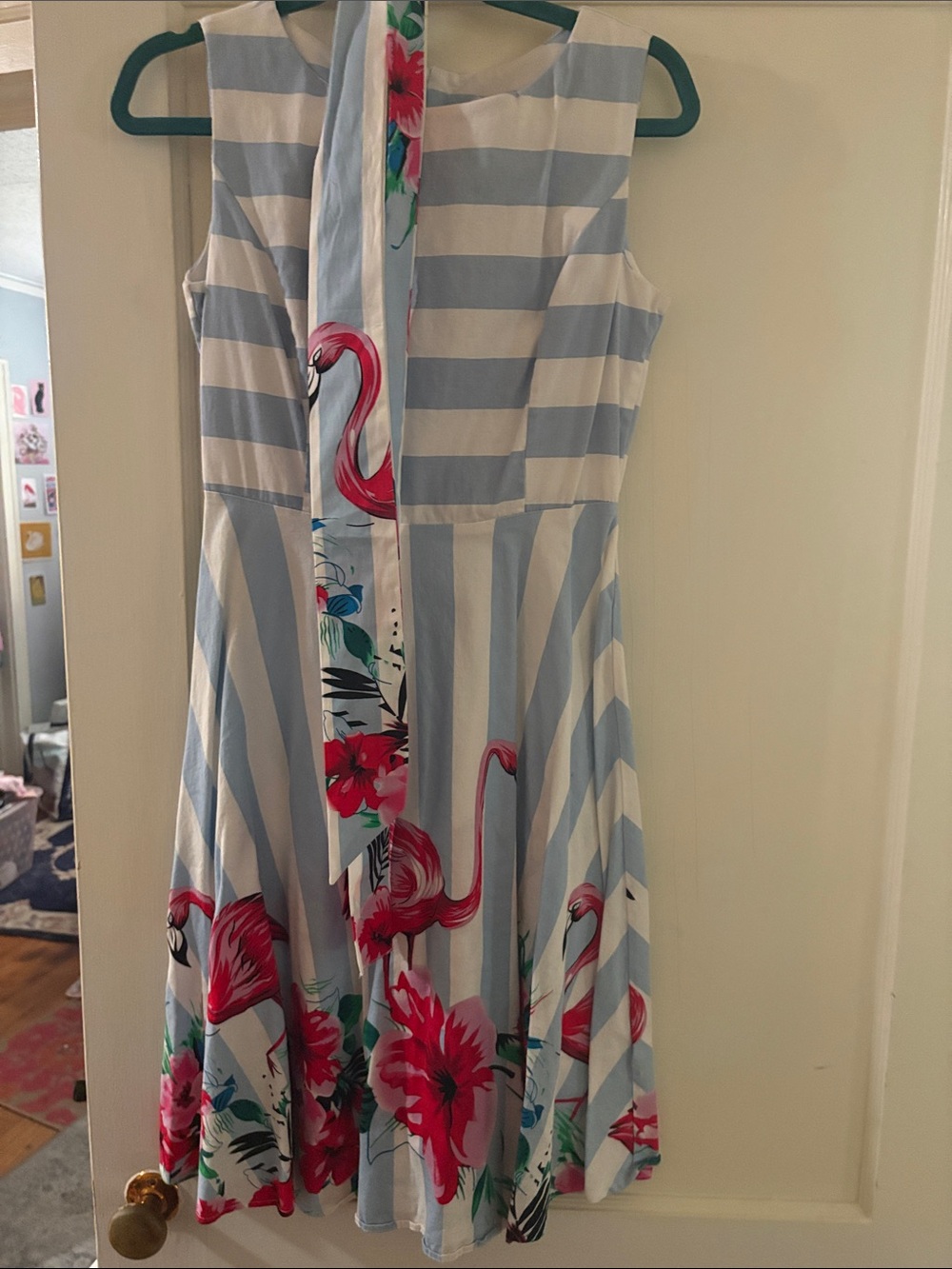 Sleeveless Blue & White Stripe Midi Dress with Pink Flamingo Print